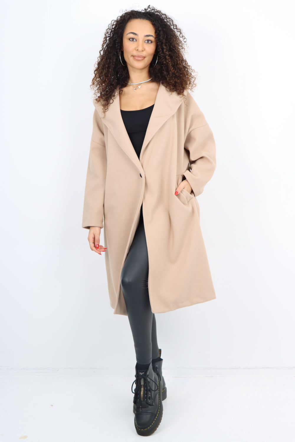 Italian Plain Side Pockets Open Front Hooded Waterfall Coat