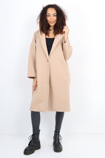 Italian Plain Side Pockets Open Front Hooded Waterfall Coat