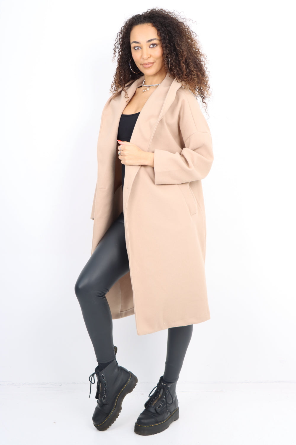 Italian Plain Side Pockets Open Front Hooded Waterfall Coat