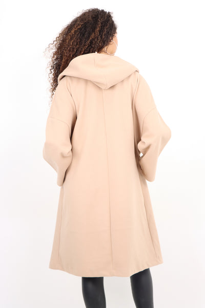 Italian Plain Side Pockets Open Front Hooded Waterfall Coat