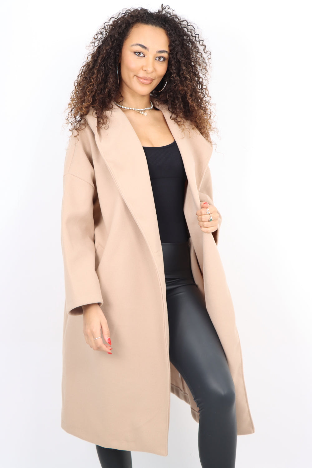 Italian Plain Side Pockets Open Front Hooded Waterfall Coat