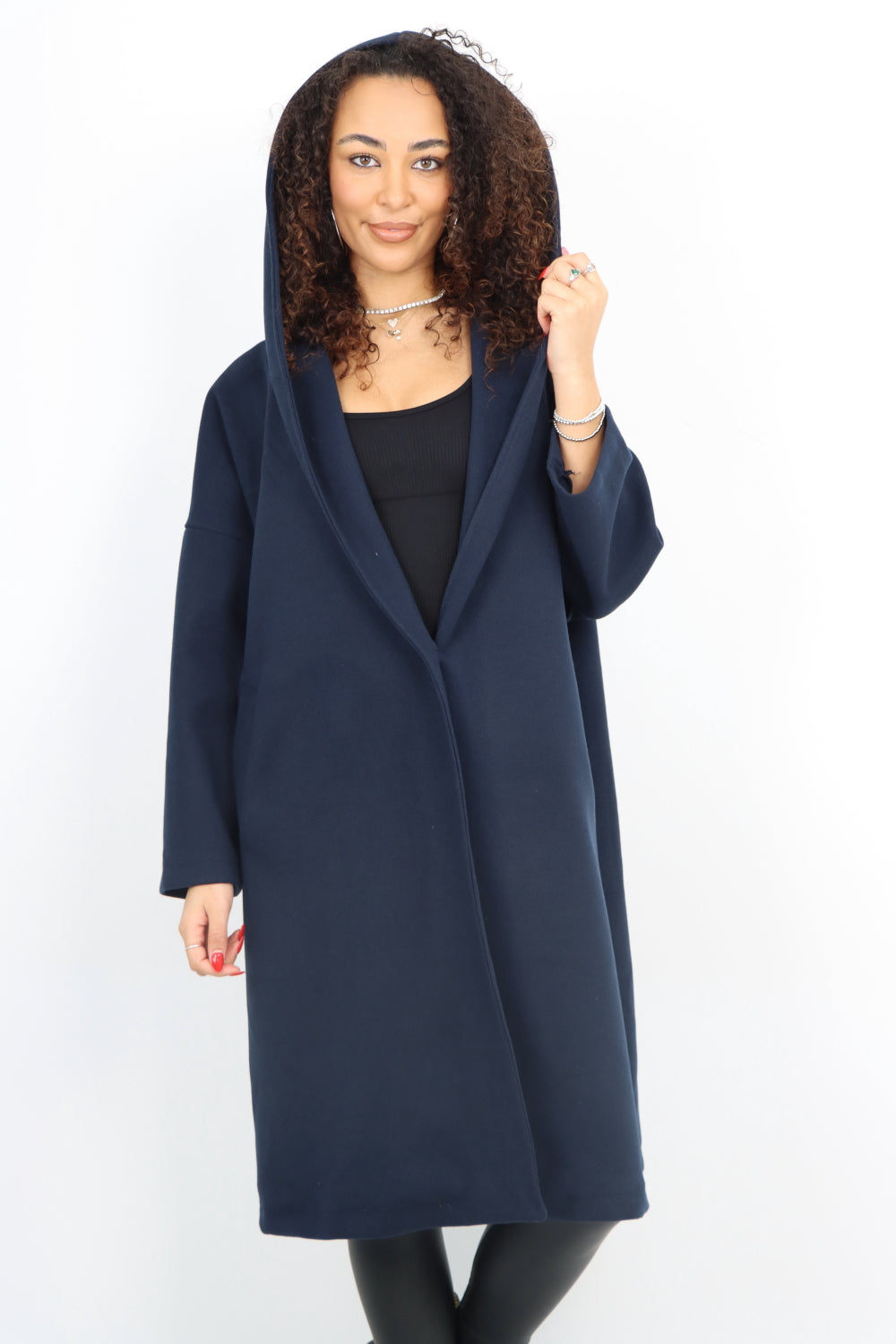 Italian Plain Side Pockets Open Front Hooded Waterfall Coat