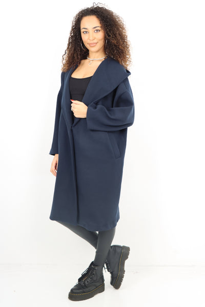 Italian Plain Side Pockets Open Front Hooded Waterfall Coat