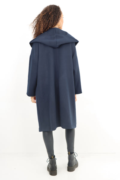 Italian Plain Side Pockets Open Front Hooded Waterfall Coat