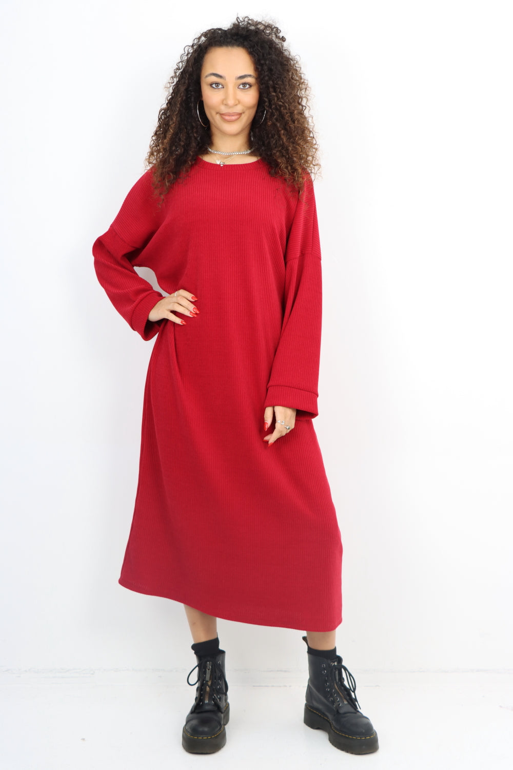 Italian Ribbed Corduroy Long Sleeve Midi Dress