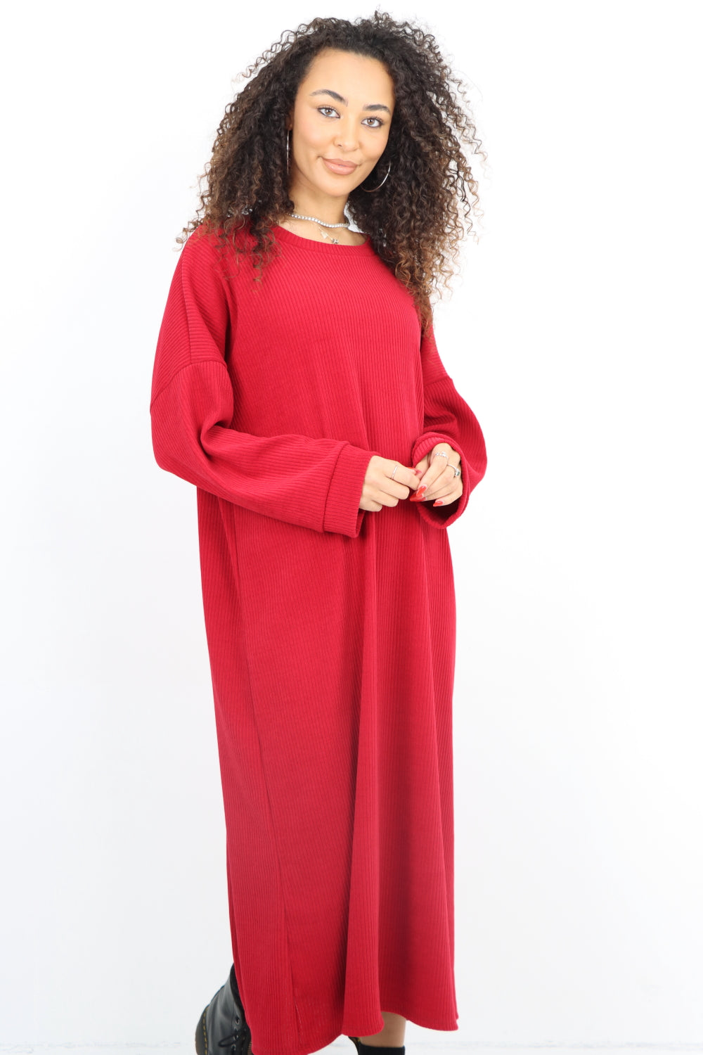 Italian Ribbed Corduroy Long Sleeve Midi Dress