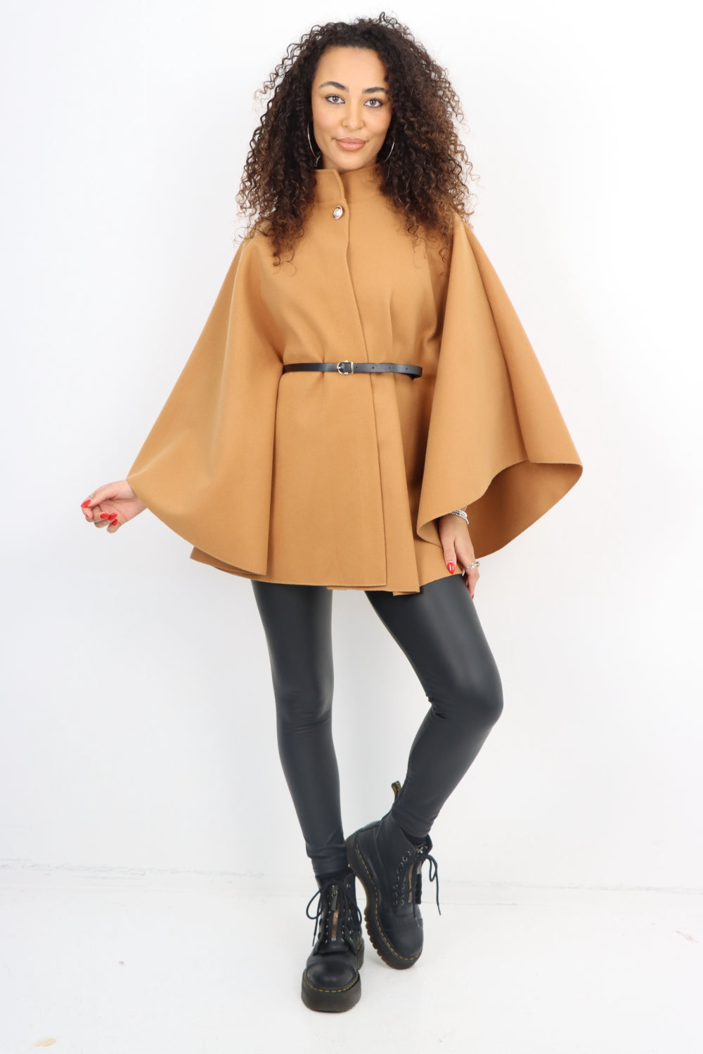 Italian CC Belted Heigh Neck Button Cape Coat