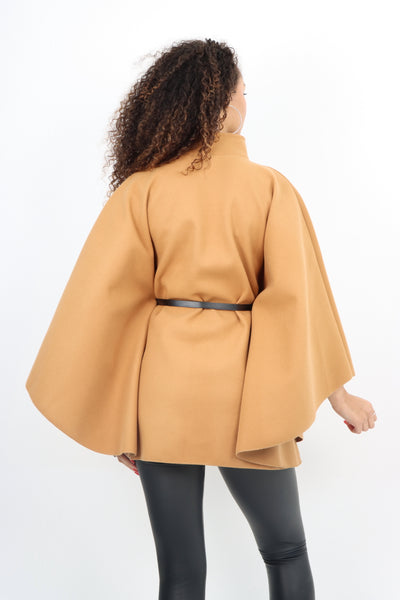 Italian CC Belted Heigh Neck Button Cape Coat