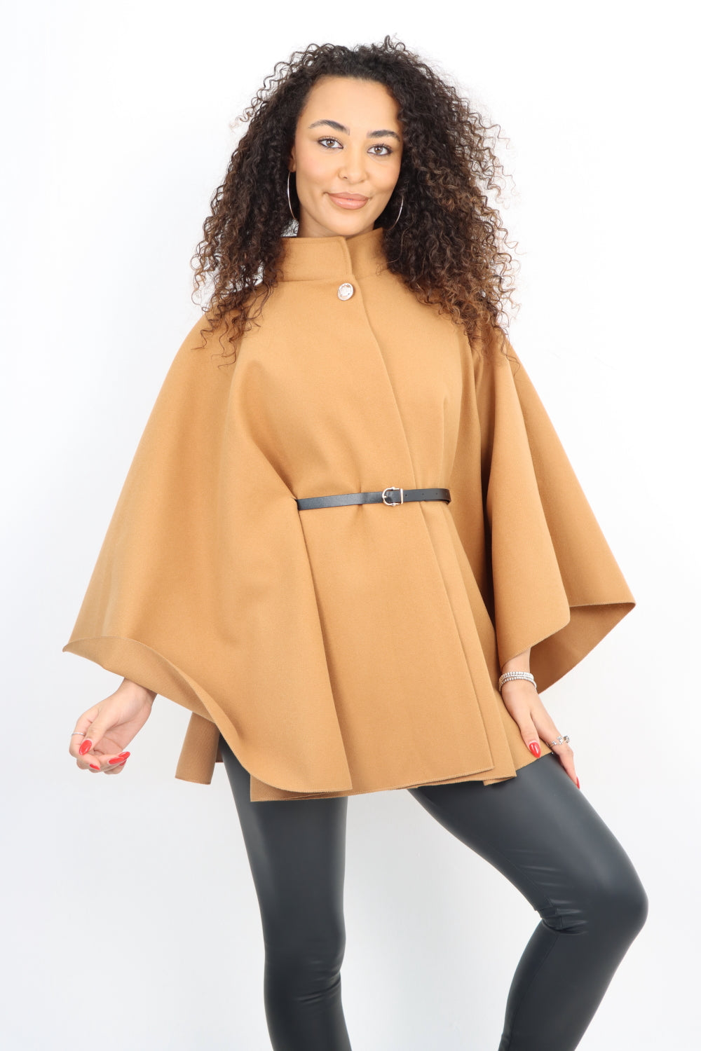 Italian CC Belted Heigh Neck Button Cape Coat