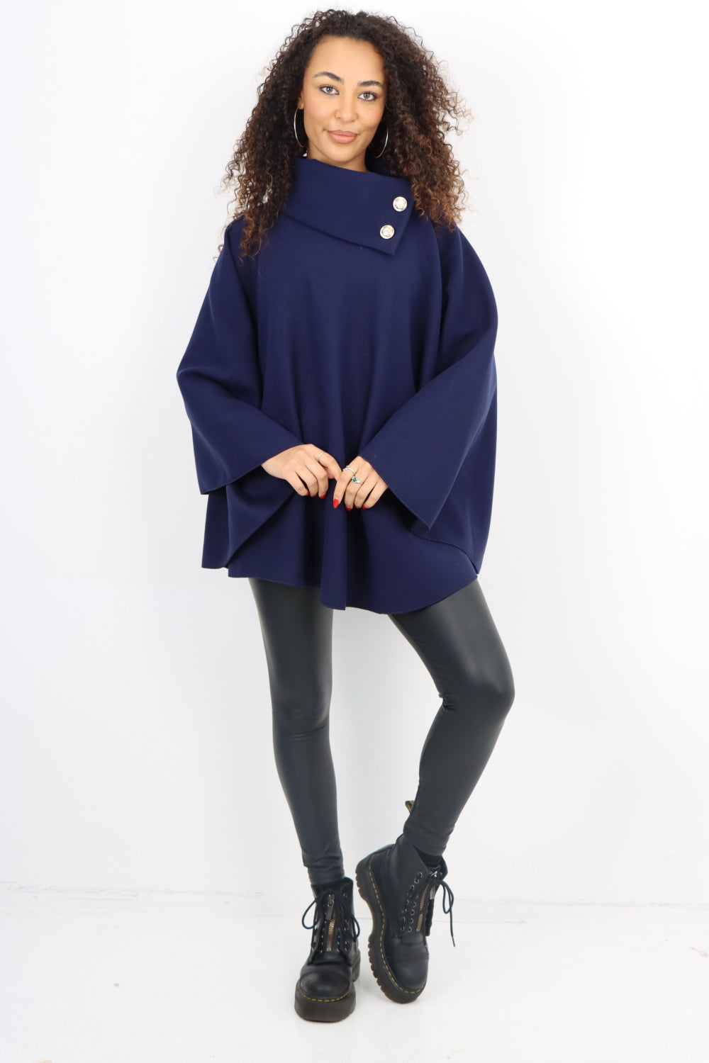 Italian Sueded Thick Buttoned Neck Asymmetric Hem Cape Coat