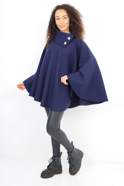 Italian Sueded Thick Buttoned Neck Asymmetric Hem Cape Coat