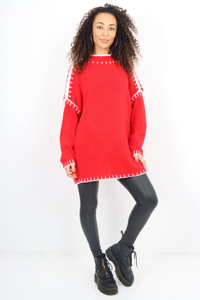 Italian Contrast Stitch Detail Crew Neck Long Sleeve Jumper Top