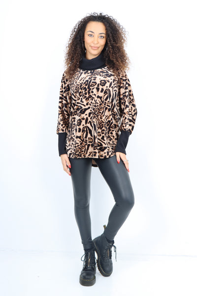 Italian Velour Roll Neck Animal Printed Dip Hem Jumper Top