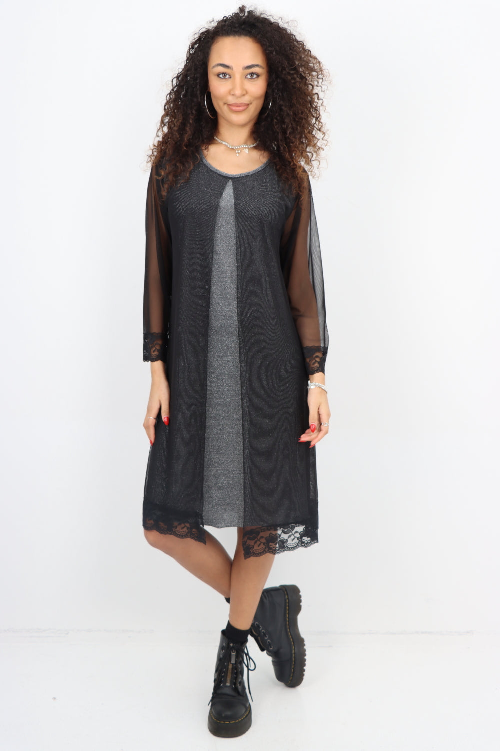 Italian Embellished 2 Layer Slit Long Sleeve Floral Lace Hem Shimmer Dress