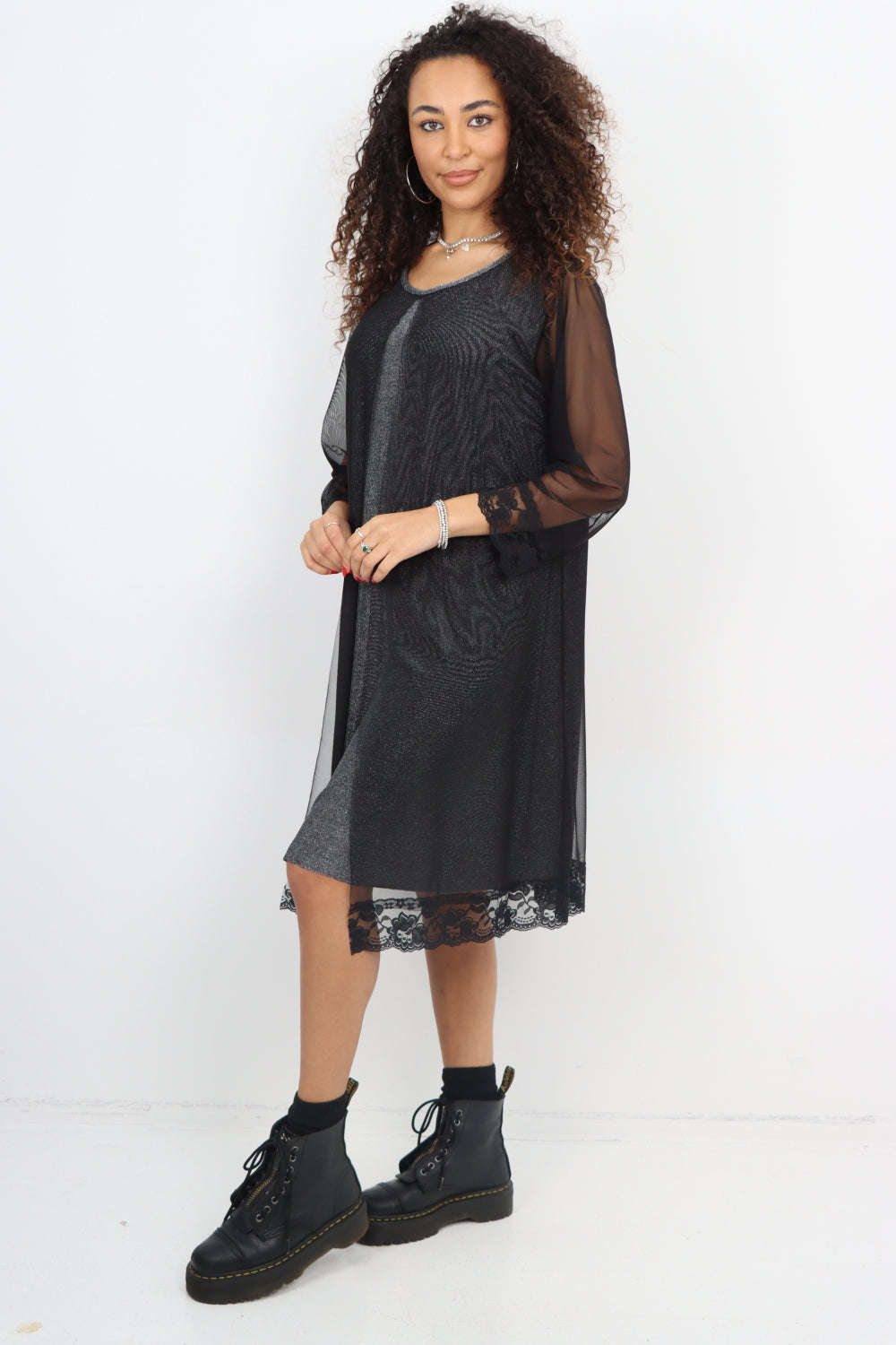 Italian Embellished 2 Layer Slit Long Sleeve Floral Lace Hem Shimmer Dress