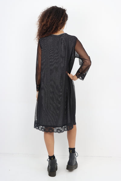 Italian Embellished 2 Layer Slit Long Sleeve Floral Lace Hem Shimmer Dress