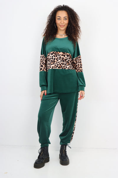 Italian Leopard Sleeve Panel Round Neck Velour Co Ord Set