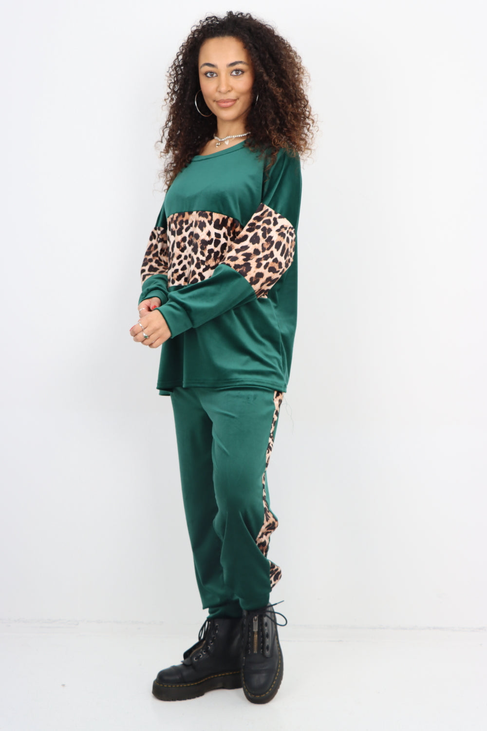 Italian Leopard Sleeve Panel Round Neck Velour Co Ord Set