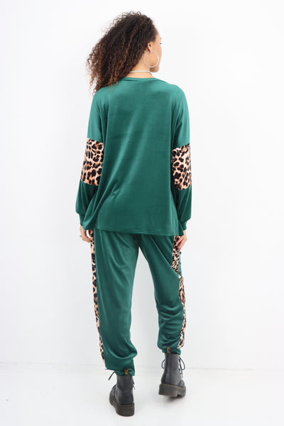 Italian Leopard Sleeve Panel Round Neck Velour Co Ord Set