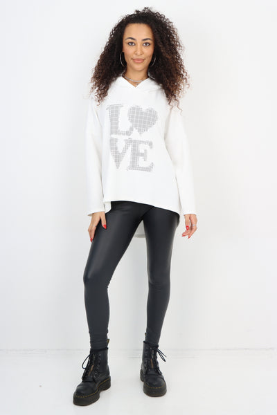 Italian LOVE Stud Print Hooded Dip Hem Longsleeve Top