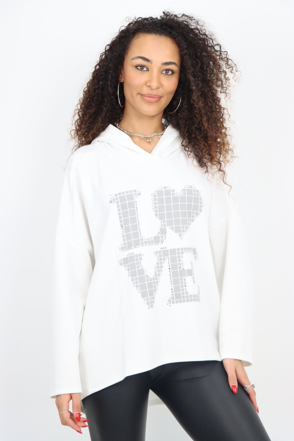 Italian LOVE Stud Print Hooded Dip Hem Longsleeve Top