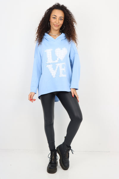 Italian LOVE Stud Print Hooded Dip Hem Longsleeve Top