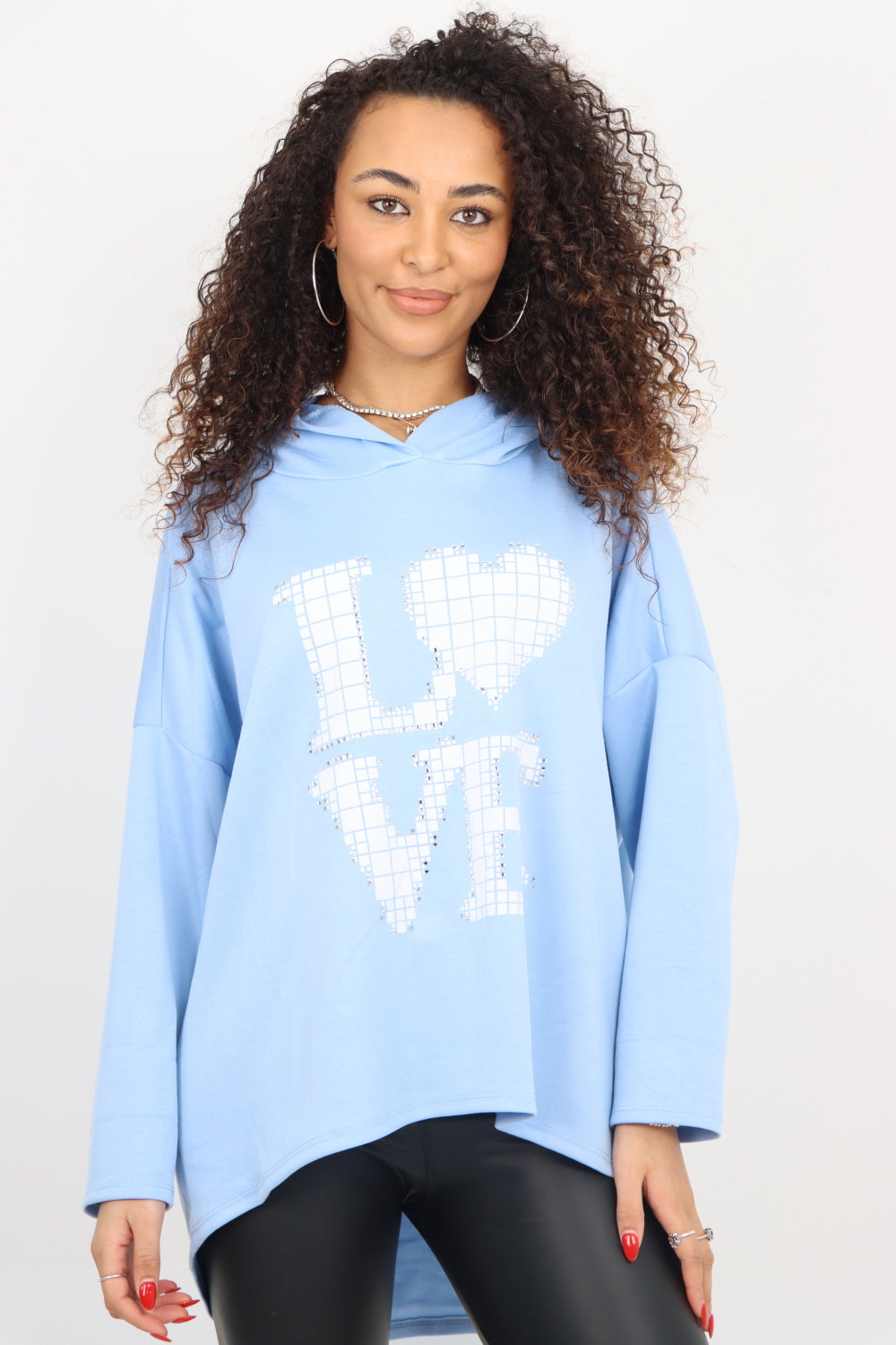 Italian LOVE Stud Print Hooded Dip Hem Longsleeve Top