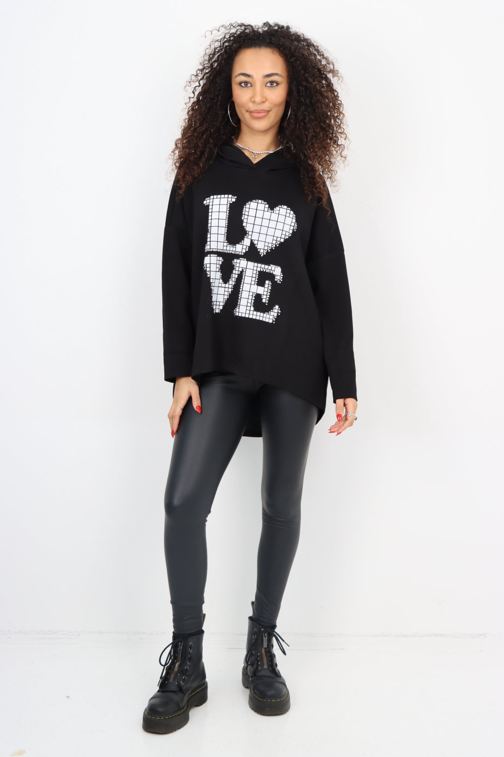 Italian LOVE Stud Print Hooded Dip Hem Longsleeve Top