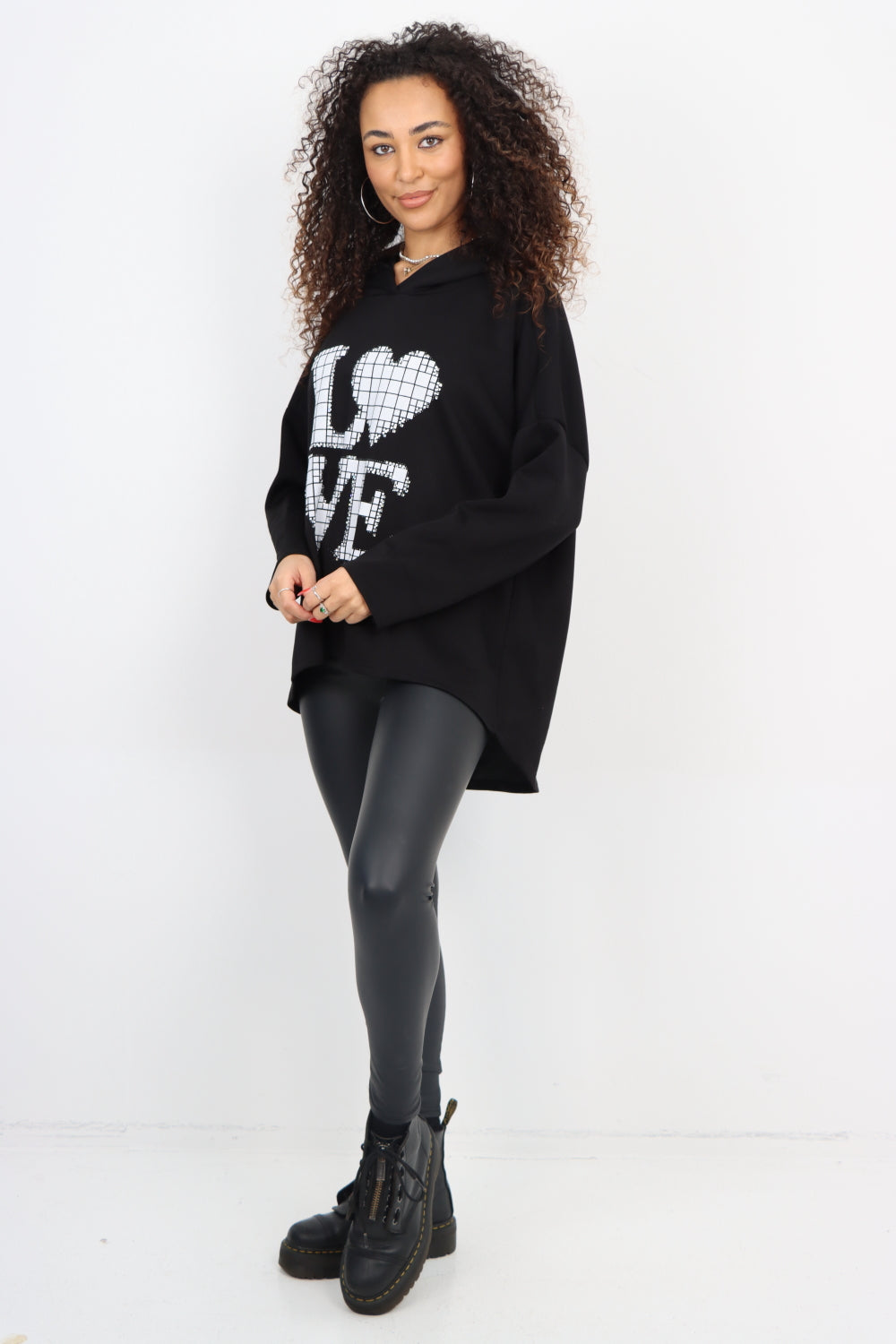 Italian LOVE Stud Print Hooded Dip Hem Longsleeve Top