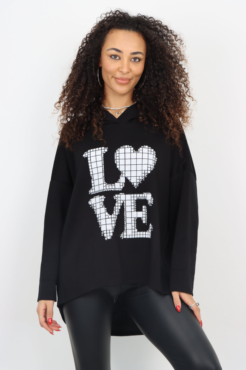 Italian LOVE Stud Print Hooded Dip Hem Longsleeve Top