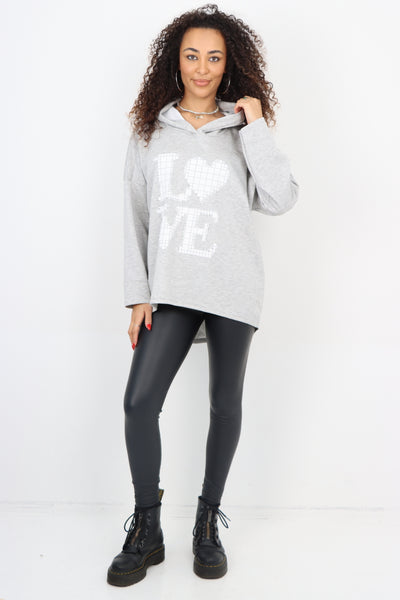 Italian LOVE Stud Print Hooded Dip Hem Longsleeve Top