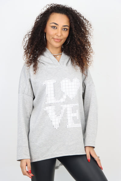 Italian LOVE Stud Print Hooded Dip Hem Longsleeve Top