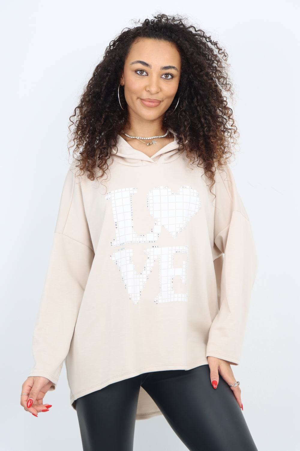 Italian LOVE Stud Print Hooded Dip Hem Longsleeve Top