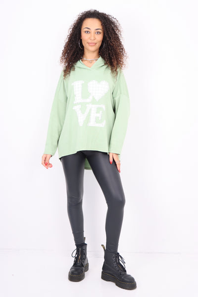 Italian LOVE Stud Print Hooded Dip Hem Longsleeve Top