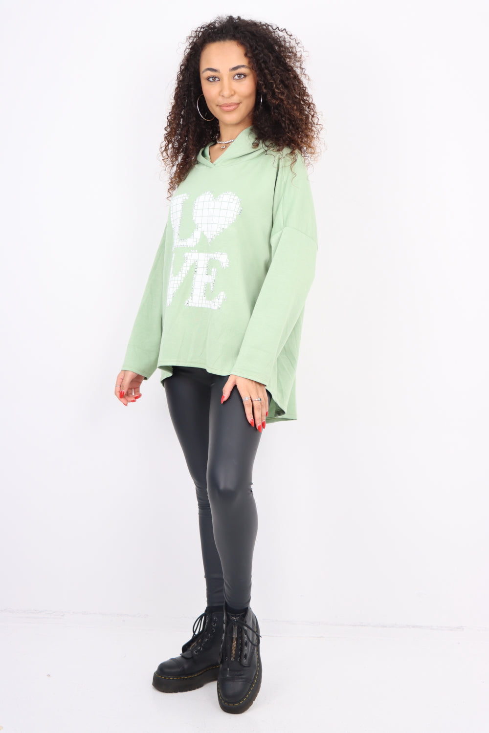 Italian LOVE Stud Print Hooded Dip Hem Longsleeve Top