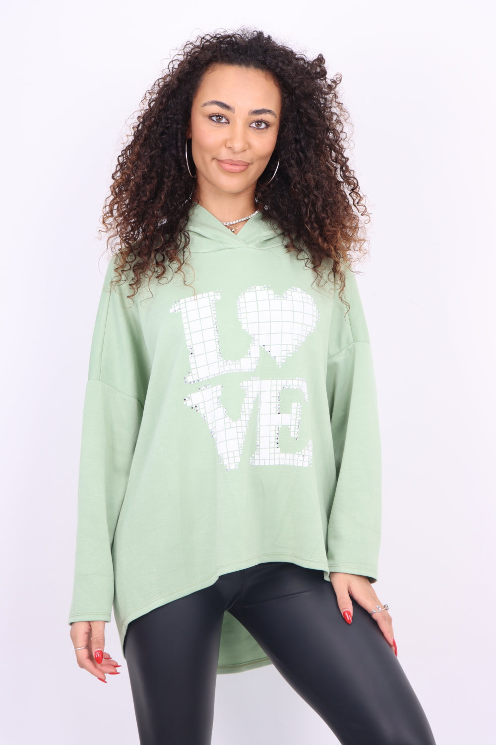 Italian LOVE Stud Print Hooded Dip Hem Longsleeve Top