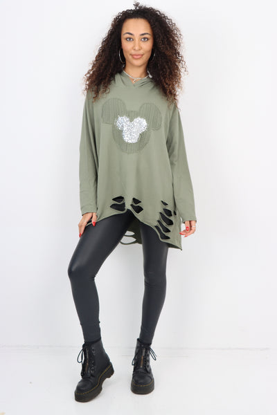 Italian Sequin Mickey Print Hooded Longsleeve Distressed  Dip Hem Top