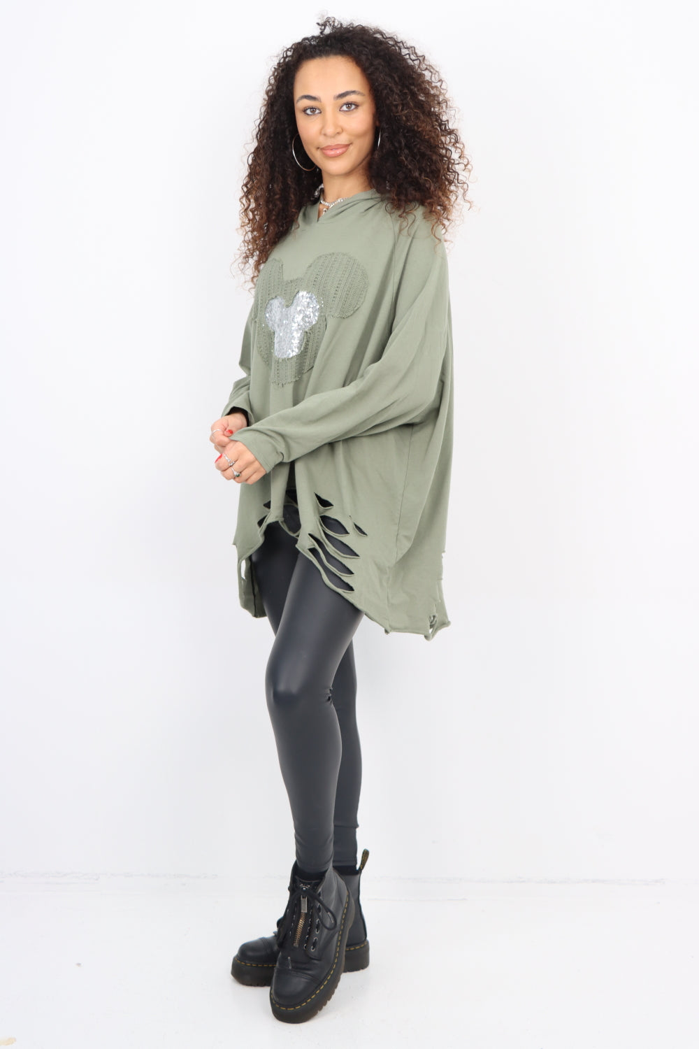 Italian Sequin Mickey Print Hooded Longsleeve Distressed  Dip Hem Top