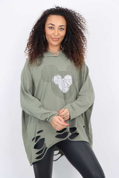 Italian Sequin Mickey Print Hooded Longsleeve Distressed  Dip Hem Top