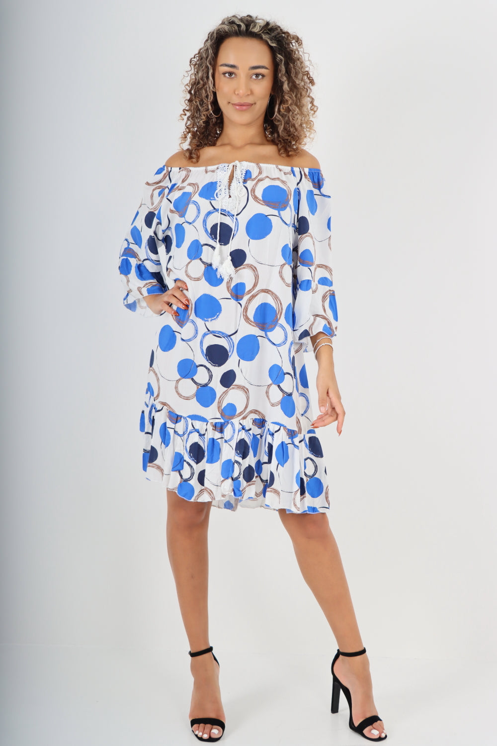 Italian Circle Print Off The Shoulder Mini Dress