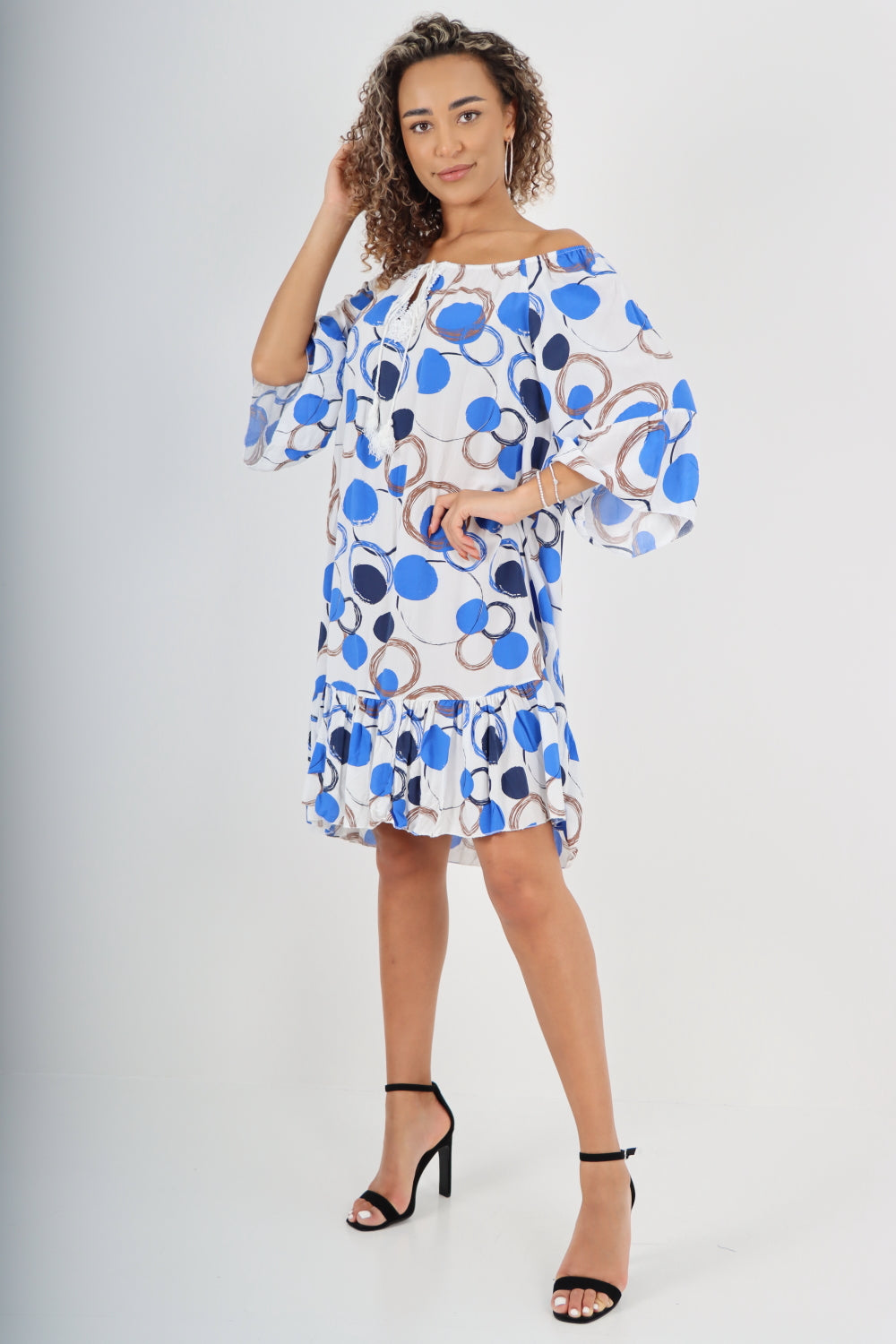 Italian Circle Print Off The Shoulder Mini Dress