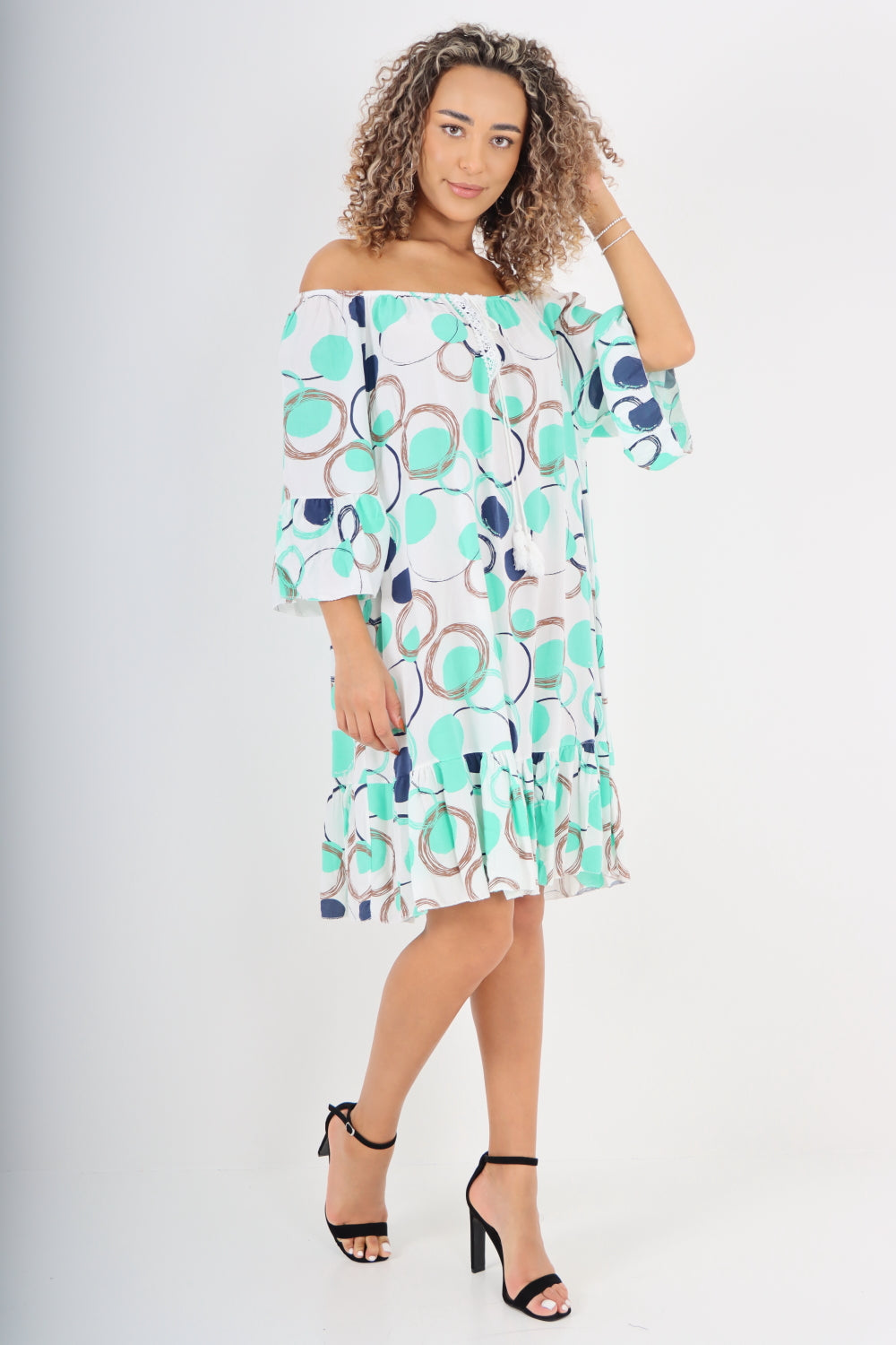 Italian Circle Print Off The Shoulder Mini Dress