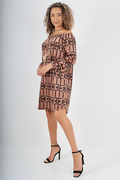 Italian Off The Shoulder Printed Velour Tunic Dress