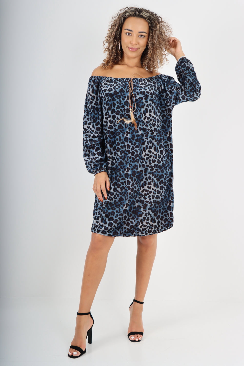 Italian Off The Shoulder Leopard Printed Velour Tunic Dress