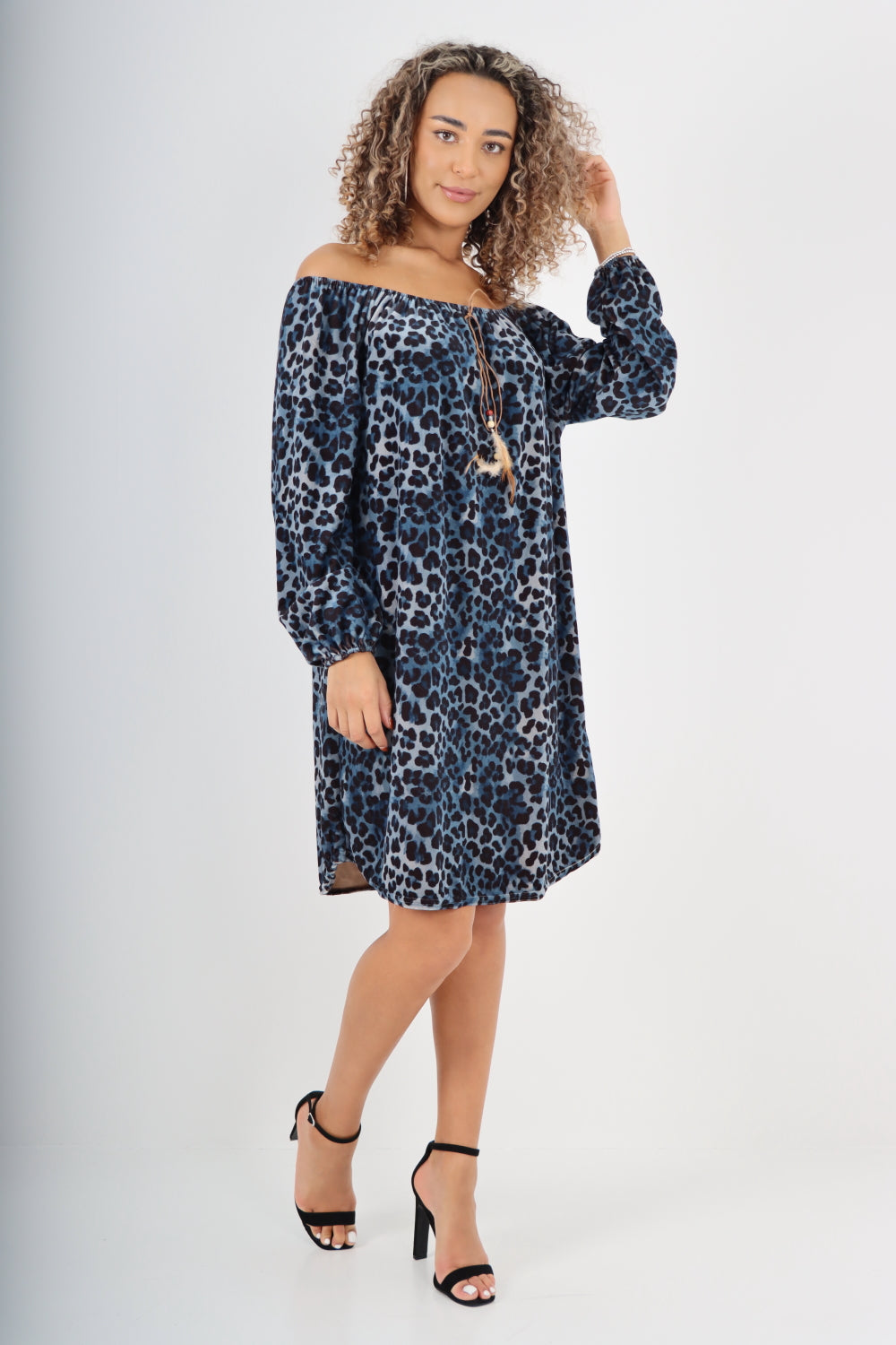 Italian Off The Shoulder Leopard Printed Velour Tunic Dress