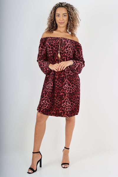 Italian Off The Shoulder Leopard Printed Velour Tunic Dress