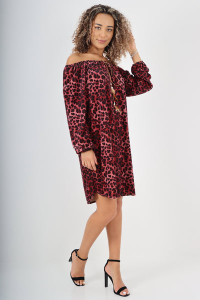 Italian Off The Shoulder Leopard Printed Velour Tunic Dress