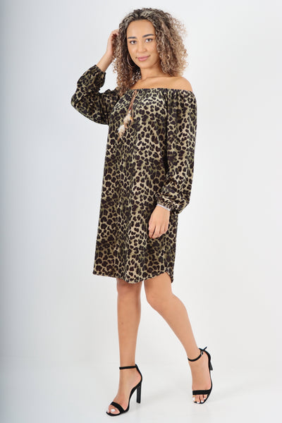 Italian Off The Shoulder Leopard Printed Velour Tunic Dress