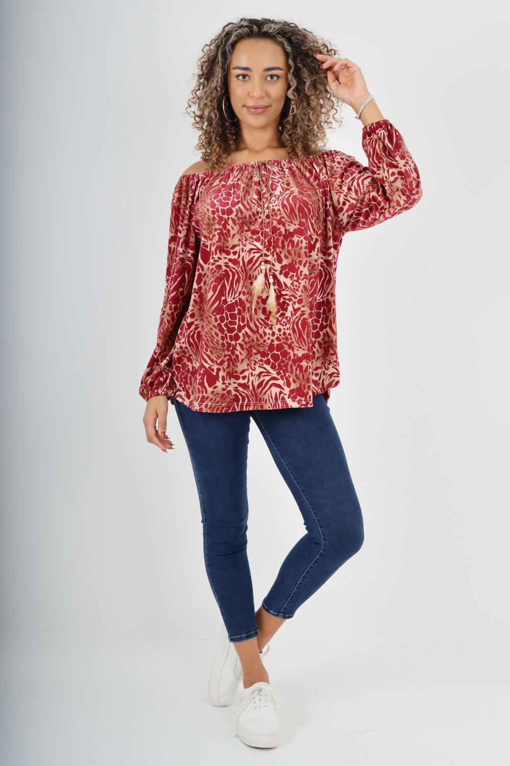 Italian Off The Shoulder Leopard Print Velour Tunic