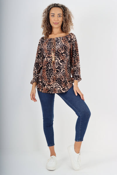 Italian Off The Shoulder Leopard Print Velour Tunic